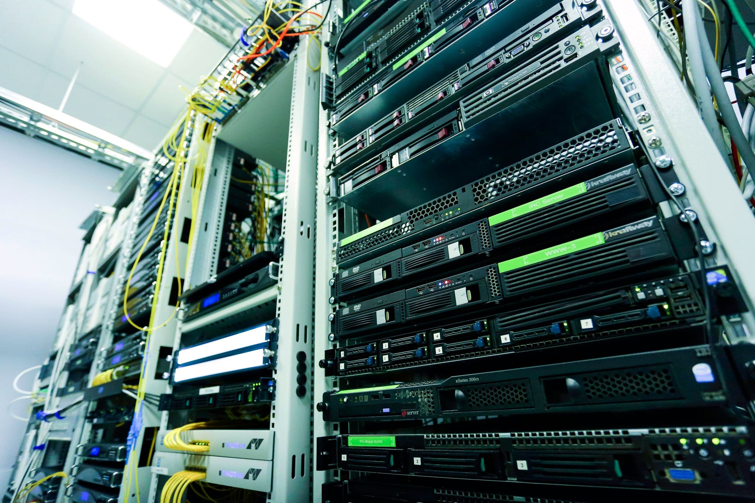 Network servers and cabling in a data center.