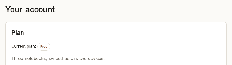The Lumen Notes account page after signing back in, before the fix: Current plan shows Free.