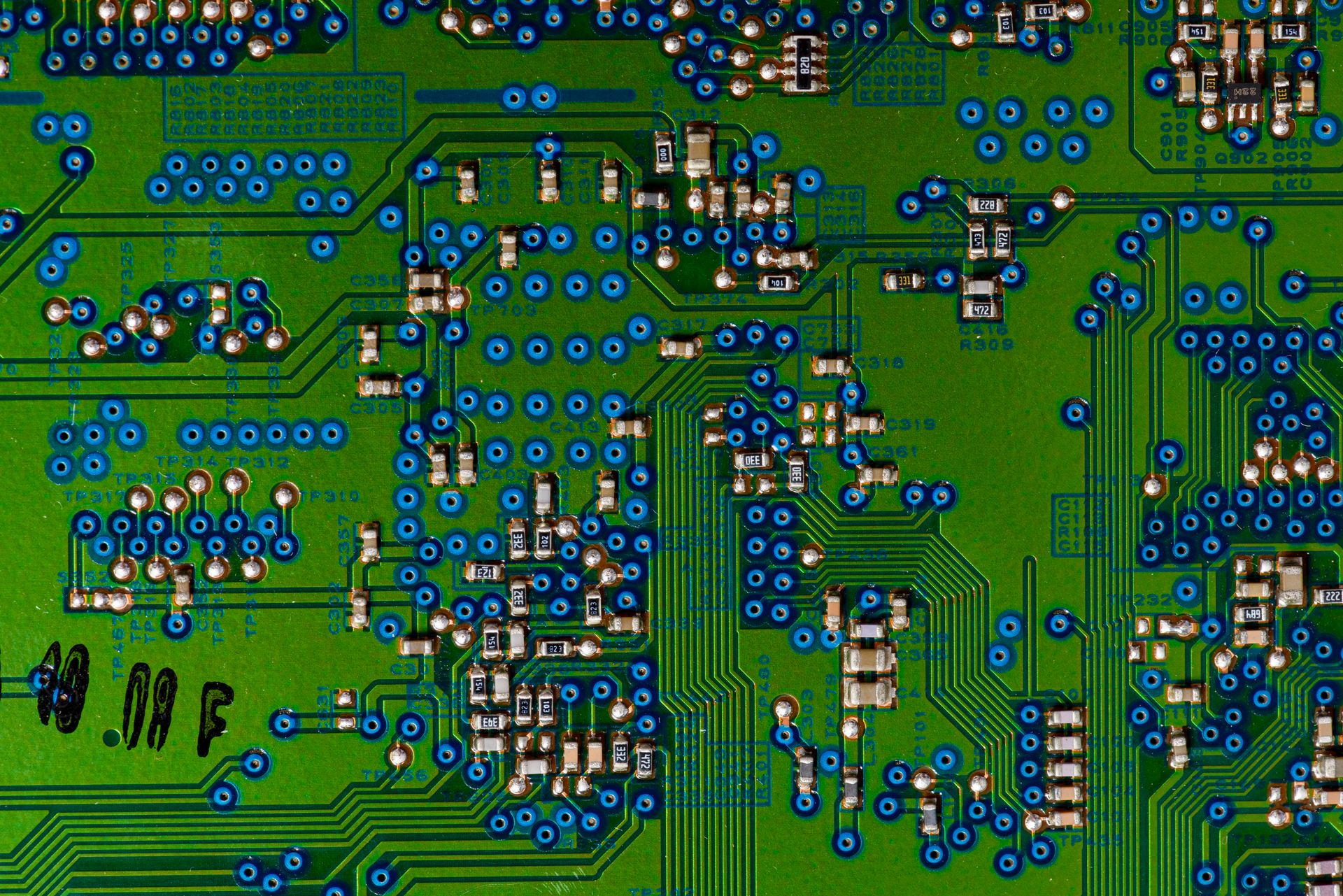 Electronic components on a circuit board.