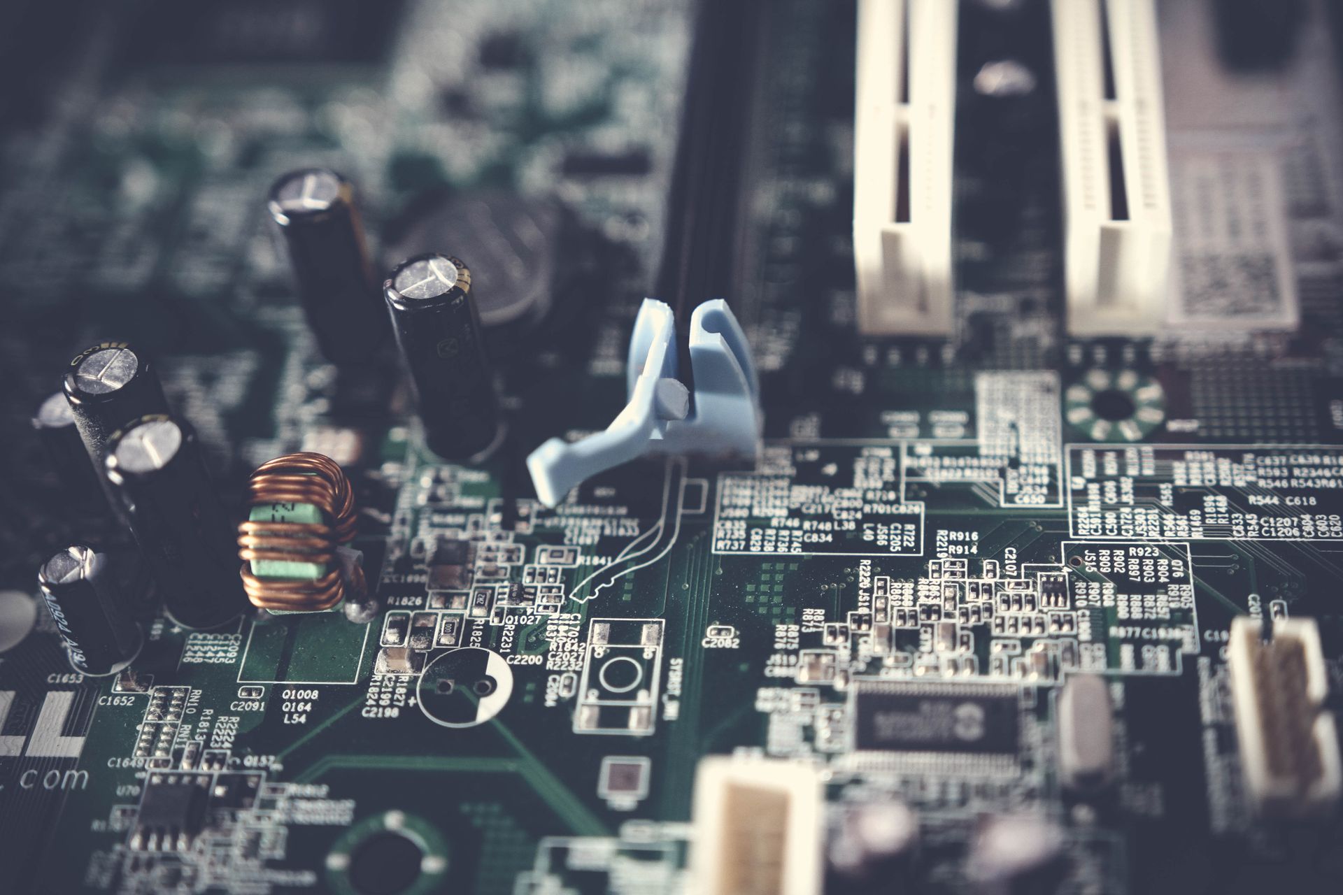 Electronic components on a circuit board.