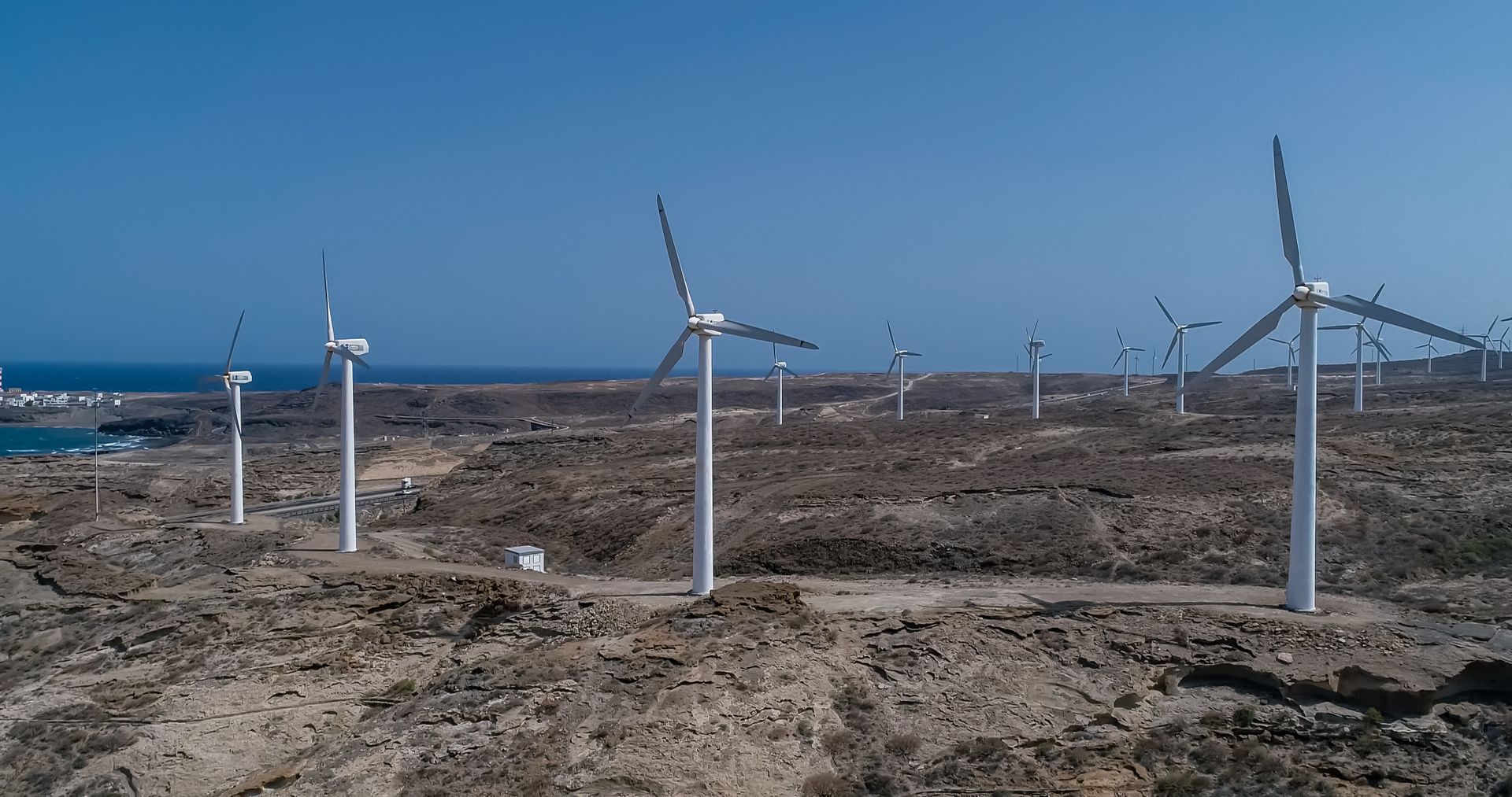 Wind turbines in an open landscape.
