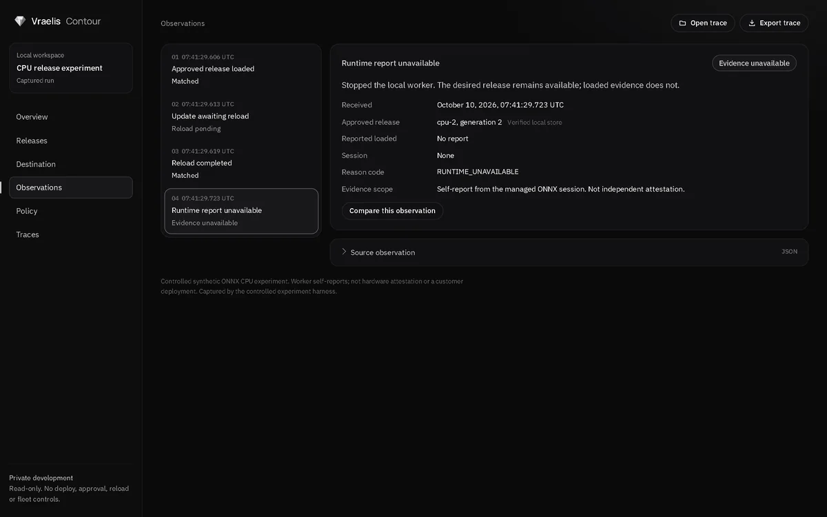 The Vraelis Contour app showing an observation with the runtime report unavailable.