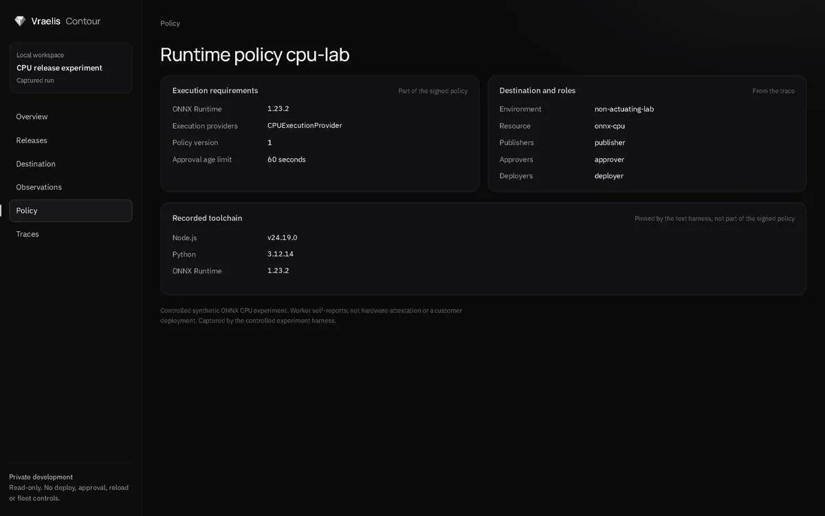 The runtime policy in Vraelis Contour: ONNX Runtime 1.23.2 and CPUExecutionProvider.