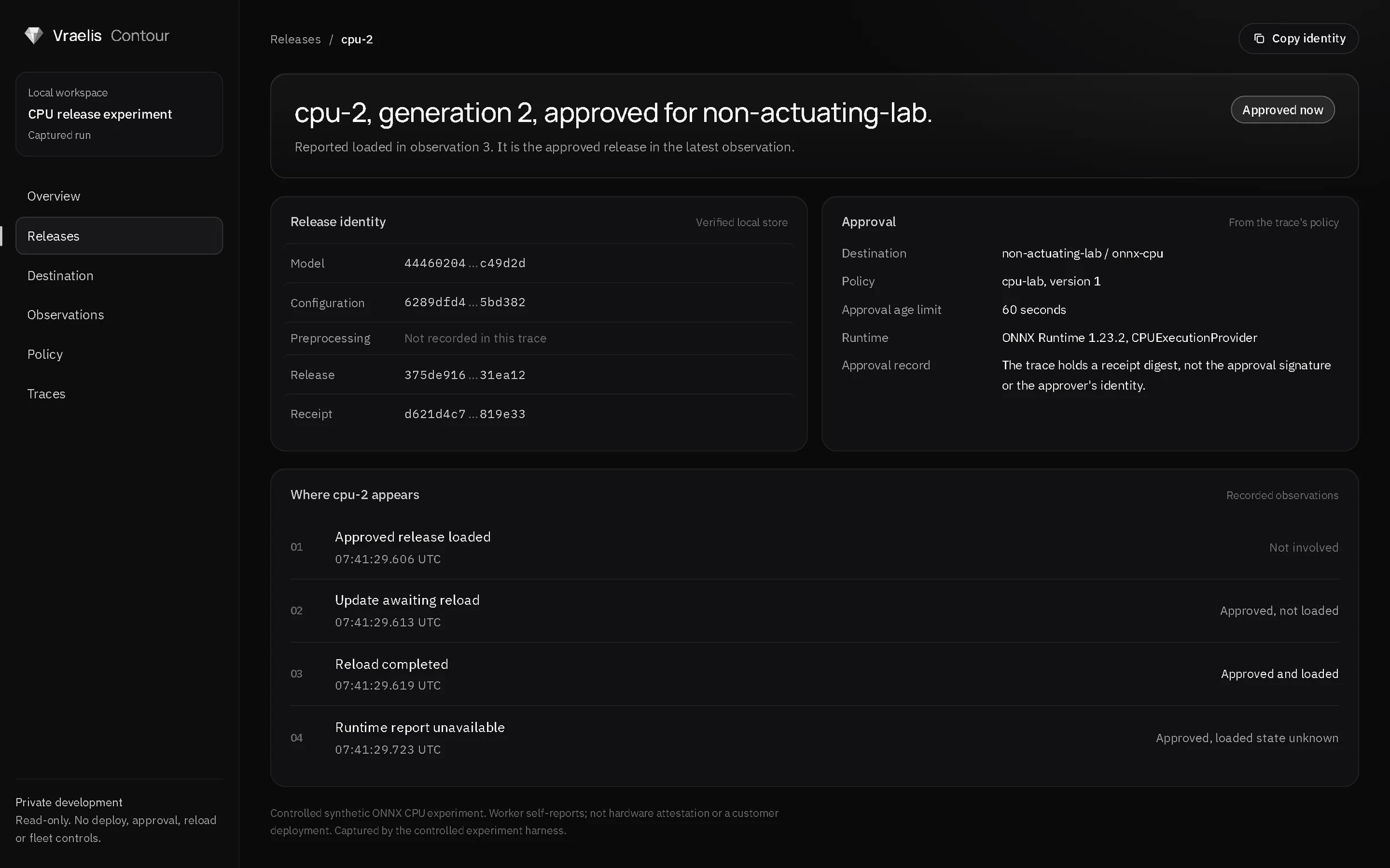 Release cpu-2 in Vraelis Contour with its identity digests and approval.