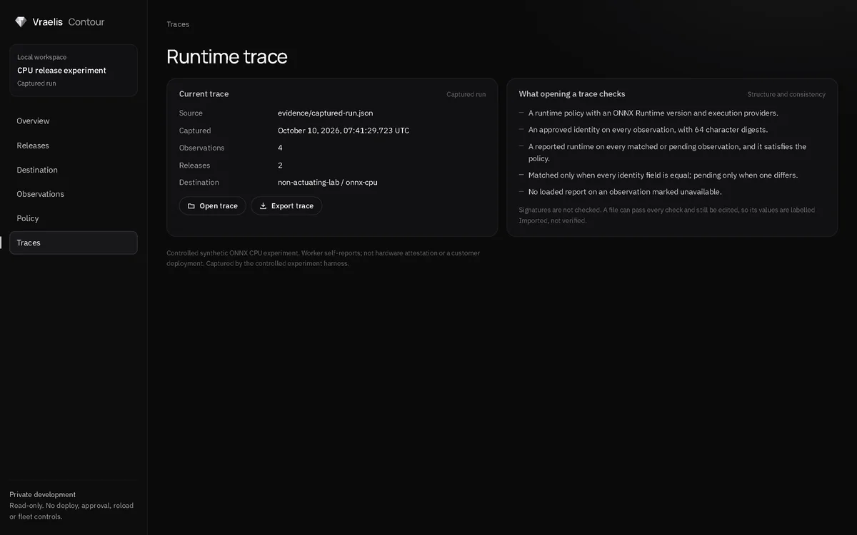 The traces screen of the Vraelis Contour app.