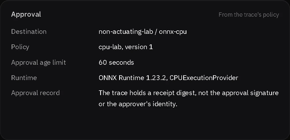 Approval for cpu-2: destination, policy, a 60 second age limit and the runtime.
